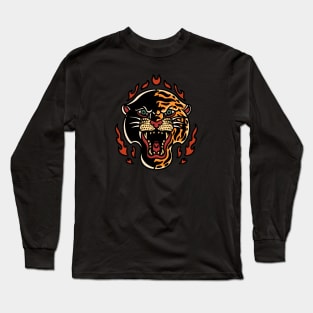 Retro Panther Tiger Head with Flames Long Sleeve T-Shirt